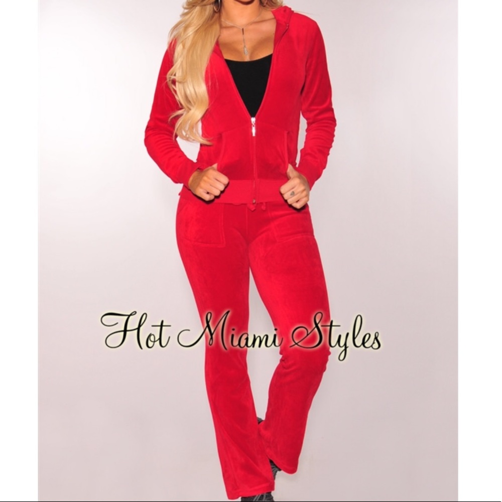 Red Velour Hoodie Track Suit Two Piece Set